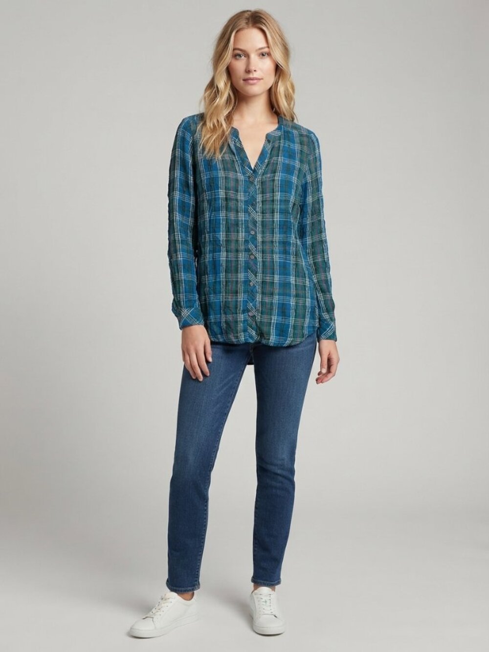 2/$30 J. Jill Plaid Dipped Hem Flannel Button-Down Tunic Blue Green #A4713